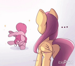 Size: 2000x1750 | Tagged: source needed, safe, artist:miryelis, fluttershy, pinkie pie, earth pony, pegasus, pony, g4, ..., animated, breakdancing, butt, dancing, female, flutterbutt, gif, long hair, mare, meme, pinkie being pinkie, plot, signature, simple background, standing, white background