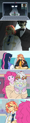 Size: 1280x5281 | Tagged: safe, artist:lzjian79, discord, pinkie pie, sci-twi, sunset shimmer, twilight sparkle, oc, oc:butler yellow, human, comic:the setting of two suns, equestria girls, g4, banana split, butler, canterlot city, city, clothes, coat, computer, curtains, duo, empty eyes, everton, female, food, glasses, human discord, human sunset, ice cream, laptop computer, looking at you, male, necktie, sad, serious, serious face, smiling, smiling at you, sprinkles, sundae, sunlit shimmer, sweet snacks cafe, video call, webcam, whipped cream