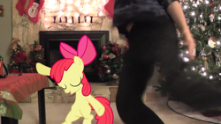 Size: 1280x720 | Tagged: safe, anonymous artist, anonymous editor, edit, edited screencap, screencap, apple bloom, human, pony, g4, belly, clothes, dancing, female, filly, foal, irl, irl human, michelle creber, photo, shirt, shirt lift, stomach