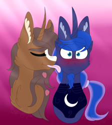 Size: 4696x5260 | Tagged: safe, princess luna, oc, oc:strawberry cocoa (the coco clan), alicorn, monster pony, pony, unicorn, g4, absurd resolution, blaze (coat marking), blue eyes, blue mane, blushing, brown coat, brown mane, bust, canon x oc, chest fluff, coat markings, commission, commissioner:rautamiekka, duo, duo male, ear fluff, ears up, ethereal mane, eyes closed, eyes open, facial hair, facial markings, female to male, food, front view, gay, goatee, gradient background, hairband, horn, licking, long mane, long mane male, looking forward, male, male oc, mane, no eyelashes, pony oc, pony on pony action, ponytail, prince artemis, r63 shipping, rule 63, shipping, shocked, shocked expression, stallion, stallion oc, stallion on stallion, strawberry, tongue out, two toned mane, unicorn oc, white sclera