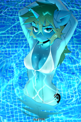 Size: 2000x3000 | Tagged: safe, artist:zlatavector, oc, oc only, oc:red snow, unicorn, anthro, arm behind head, bikini, breasts, cleavage, clothes, commission, female, looking at you, mare, partially submerged, reasonably sized breasts, solo, swimming pool, swimsuit, water, ych result