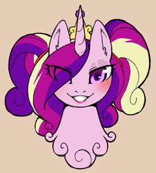 Size: 866x956 | Tagged: safe, artist:cold-blooded-twilight, princess cadance, alicorn, pony, g4, alternate design, beige background, blushing, bust, eye clipping through hair, eyeshadow, grin, lipstick, looking at you, makeup, pigtails, portrait, simple background, smiling, solo