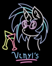 Size: 1600x2000 | Tagged: safe, artist:bubblegooey, dj pon-3, vinyl scratch, pony, unicorn, g4, alcohol, background pony, black background, blue mane, bust, cup, drink, ear fluff, female, glasses, lineart, mare, minimalist, neon, neon sign, no mouth, portrait, sign, simple background, solo, sunglasses, text, white coat