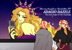 Size: 1500x1037 | Tagged: safe, artist:lzjian79, adagio dazzle, sunset shimmer, human, equestria girls, g4, bare shoulders, beautiful, billboard, boa, clothes, coat, diva, dress, ear piercing, earring, evening gloves, feather boa, female, fingernails, flower, gloves, gold chains, headband, holding arm, human sunset, in love, jewelry, lesbian, long gloves, long nails, makeup, microphone, name, painted nails, piercing, ring, self paradox, sexy, ship:sunlagio, ship:sunsagio, shipping, shocked, shocked expression, shocked eyes, shoulderless, sparkles, suit, sunlit shimmer, thorn, veil (manga)