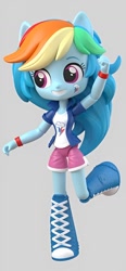 Size: 552x1190 | Tagged: safe, artist:andrew hickinbottom, rainbow dash, equestria girls, g4, boots, clothes, cute, doll, equestria girls minis, gray background, high heel boots, jacket, shirt, shoes, simple background, skirt, socks, solo, toy, vest