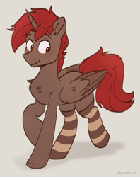 Size: 1585x2000 | Tagged: safe, artist:skysorbett, oc, oc only, oc:hardy, alicorn, pony, chest fluff, clothes, folded wings, full body, male, smiling, socks, solo, stallion, striped socks, wings