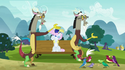 Size: 1280x720 | Tagged: safe, screencap, discord, bird, draconequus, discordant harmony, g4, bench, glasses, park, park bench