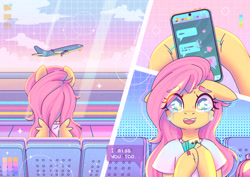 Size: 1280x905 | Tagged: safe, artist:wavecipher, fluttershy, pegasus, g4, airport, clothes, crying, female, implied flutterdash, implied lesbian, implied rainbow dash, implied shipping, mare, phone, plane, sitting, smiling, solo, texting, vaporwave, wingding eyes