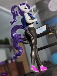 Size: 2160x2880 | Tagged: safe, artist:shadowboltsfm, rarity, unicorn, anthro, plantigrade anthro, g4, 3d, blender, breasts, eyes closed, female, high res, horn, implied tail hole, makeup, nail polish, not sfm, ponytail, solo, sweat, tail, treadmill, water bottle, workout, workout outfit
