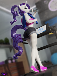 Size: 2160x2880 | Tagged: safe, artist:shadowboltsfm, rarity, anthro, plantigrade anthro, g4, 3d, blender, breasts, clothes, eyes closed, female, high res, implied tail hole, makeup, nail polish, not sfm, ponytail, shorts, solo, sweat, tail, treadmill, water bottle, workout