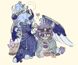 Size: 1448x1200 | Tagged: safe, artist:tottallytoby, maud pie, princess luna, alicorn, earth pony, pony, g4, alternate hairstyle, blue wingtips, blushing, bracelet, coat markings, colored hooves, colored wings, colored wingtips, crystal, curved horn, duo, duo female, female, heart, helmet, horn, jewelry, lesbian, looking down, lunamaud, mare, mining helmet, necklace, rock, shipping, simple background, wings, yellow background