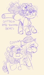 Size: 718x1219 | Tagged: safe, artist:tottallytoby, applejack, bon bon, sweetie drops, earth pony, pony, g4, applejack's hat, colored, cowboy hat, duo, female, flat colors, hat, kicking, mare, messy mane, messy tail, pink background, raised hoof, simple background, tail, walking