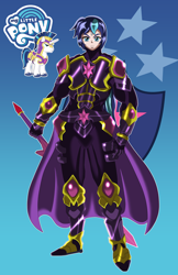 Size: 3020x4661 | Tagged: safe, artist:cmacx, shining armor, human, unicorn, g4, armor, cape, clothes, gradient background, humanized, solo, stars, sword, weapon