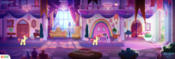 Size: 1920x651 | Tagged: safe, artist:benjamin dupouy, budge studios, twilight sparkle, earth pony, pony, unicorn, g4, my little pony pocket ponies, official, clubhouse, concept art, corridor, couch, female, friendship student, game, mare, not berry blend, not berry bliss, pocket ponies, unicorn twilight, unnamed character, unnamed pony