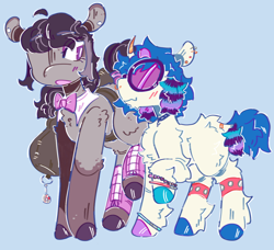 Size: 1634x1488 | Tagged: safe, artist:tottallytoby, dj pon-3, octavia melody, vinyl scratch, earth pony, pony, unicorn, g4, alternate design, alternate hairstyle, blue background, blush lines, blushing, bowtie, bracelet, cello case, choker, closed mouth, clothes, coat markings, colored eartips, colored hooves, coontails, duo, ear piercing, earring, eye clipping through hair, eyebrows, eyebrows visible through hair, eyeshadow, female, fluffy, glasses, gradient mane, gradient tail, hoof polish, horn, horn jewelry, jewelry, keychain, leg band, leg warmers, leonine tail, looking at each other, looking at someone, makeup, mare, mismatched hooves, nose piercing, nose ring, open mouth, piercing, profile, raised hoof, ring, septum piercing, simple background, smiling, socks, socks (coat markings), tail, tail ring, vinyl's glasses
