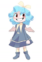 Size: 1032x1514 | Tagged: safe, alternate version, artist:stevetwisp, cozy glow, human, g4, blushing, boots, clothes, dress, gray background, grin, humanized, mischievous, shoes, simple background, smiling, socks, solo, white background, winged humanization, wings