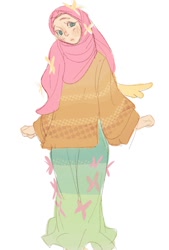 Size: 620x916 | Tagged: safe, artist:cratocas, fluttershy, human, g4, blushing, clothes, female, flower, hijab, humanized, islam, islamashy, long skirt, religion, simple background, skirt, solo, white background, winged humanization, wings