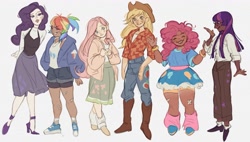Size: 4096x2325 | Tagged: safe, artist:cratocas, applejack, fluttershy, pinkie pie, rainbow dash, rarity, twilight sparkle, human, g4, applejack's hat, blushing, boots, bracelet, cardigan, clothes, converse, cowboy boots, cowboy hat, denim, dress, female, flannel, freckles, glasses, group, hat, high heel boots, high heels, humanized, jacket, jeans, jewelry, leg warmers, long skirt, mane six, pants, ponytail, shirt, shoes, simple background, skirt, smiling, sneakers, socks, solo, tank top