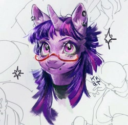 Size: 949x929 | Tagged: safe, artist:cratocas, twilight sparkle, unicorn, g4, alternate hairstyle, digital painting, ear piercing, earring, female, glasses, jewelry, lip piercing, mare, piercing, smiling, solo, unicorn twilight