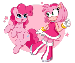 Size: 4788x4015 | Tagged: safe, artist:kittyrosie, pinkie pie, earth pony, hedgehog, mobian, pony, g4, amy rose, bare shoulders, blushing, crossover, cute, diapinkes, duo, duo female, female, kittyrosie is trying to murder us, looking at each other, looking at someone, mare, open mouth, open smile, shannon chan-kent, simple background, sleeveless, smiling, smiling at each other, sonic the hedgehog (series), sonicified, transparent background, voice actor joke