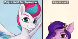 Size: 1642x821 | Tagged: safe, artist:marsminer, pipp petals, zipp storm, pegasus, pony, g5, adorapipp, adorazipp, cute, duo, duo female, female, looking at you, mare, marelet, pipp is short, pipp is smol, pipp petals is not amused, pun, royal sisters (g5), siblings, sisters, smiling, smiling at you, smol, spread wings, unamused, wings, zipp is tall