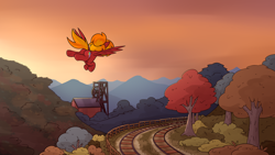 Size: 3840x2160 | Tagged: safe, artist:moonatik, oc, oc only, oc:moonatik, pegasus, pony, bush, hair bun, male, mine, mountain, pegasus oc, scenery, solo, stallion, sunset, train tracks, tree