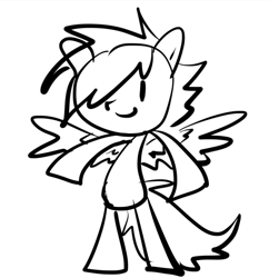 Size: 549x566 | Tagged: safe, artist:kruvvv, oc, oc only, oc:kruv, pegasus, pony, bipedal, black and white, grayscale, minimalist, monochrome, shitposting, simple background, sketch, solo, spread wings, standing, white background, wings