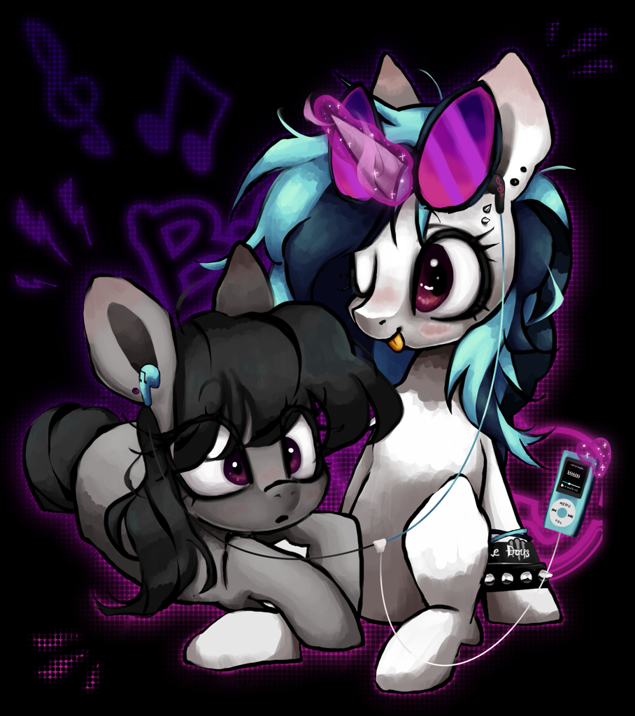 [blushing,bracelet,dj pon-3,duo,earring,earth pony,eyebrows,female,g4,glasses,jewelry,lesbian,magic,mare,mp3 player,music notes,outline,piercing,pony,safe,shipping,telekinesis,unicorn,vinyl scratch,tongue out,eyebrow piercing,ear piercing,octavia melody,one eye closed,eye clipping through hair,abstract background,vinyl's glasses,smiling,wristband,sharing headphones,spiked wristband,eyebrows visible through hair,artist:brainr0tter,ship:scratchtavia]
