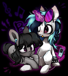 Size: 1935x2182 | Tagged: safe, artist:brainr0tter, dj pon-3, octavia melody, vinyl scratch, earth pony, pony, unicorn, g4, abstract background, blushing, bracelet, duo, ear piercing, earring, eye clipping through hair, eyebrow piercing, eyebrows, eyebrows visible through hair, female, glasses, jewelry, lesbian, magic, mare, mp3 player, music notes, one eye closed, outline, piercing, sharing headphones, ship:scratchtavia, shipping, smiling, spiked wristband, telekinesis, tongue out, vinyl's glasses, wristband
