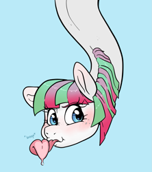 Size: 1071x1207 | Tagged: safe, artist:smirk, blossomforth, oc, oc:blossomthing, monster pony, fanfic:blossomthing, g4, against glass, blossomthing, blue background, blushing, boop, commission, eldritch abomination, embarrassed, glass, impossibly long neck, long neck, long tongue, shapeshifter, shapeshifting, simple background, solo, tentacle neck, tentacle tongue, tentacles, tongue out