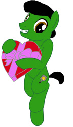 Size: 524x908 | Tagged: safe, artist:brawnybold, oc, oc only, oc:brawny bold, earth pony, base used, chocolate, earth pony oc, food, hearts and hooves day, holding, looking at you, simple background, smiling, smiling at you, solo, white background