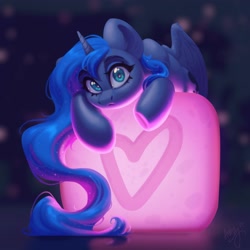 Size: 3000x3000 | Tagged: safe, artist:amishy, princess luna, alicorn, pony, g4, cute, female, heart, looking at you, lunabetes, mare, solo, spread wings, wide eyes, wings