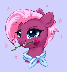 Size: 1138x1218 | Tagged: safe, artist:confetticakez, jasmine leaf, earth pony, pony, g4, blushing, bust, female, flower, flower in mouth, grin, mare, mouth hold, neckerchief, portrait, rose, smiling, solo, sparkles