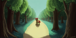Size: 1800x893 | Tagged: safe, artist:sa1ntmax, apple bloom, earth pony, pony, g4, apple, apple tree, female, filly, foal, food, forest, looking at you, nature, road, solo, tree
