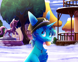 Size: 2500x2000 | Tagged: safe, artist:celes-969, oc, oc only, pony, unicorn, chest fluff, horn, ponyville town hall, snow, solo, statue, tree, unicorn oc