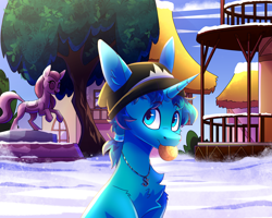 Size: 2500x2000 | Tagged: safe, artist:celes-969, oc, oc only, oc:rocky blues, pony, unicorn, beanie, chest fluff, colt, commissioner:legionofblues, foal, hat, horn, male, ponyville town hall, snow, solo, statue, tree, unicorn oc