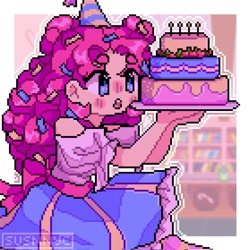 Size: 1023x1024 | Tagged: safe, artist:romaadoodles, pinkie pie, human, equestria girls, g4, birthday cake, cake, clothes, dress, female, food, hat, party hat, pixel art, solo