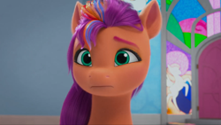 Size: 2160x1215 | Tagged: safe, screencap, sunny starscout, earth pony, pony, family trees, g5, my little pony: make your mark, my little pony: make your mark chapter 5, spoiler:g5, crystal brighthouse, female, frown, mane stripe sunny, mare, sad, solo, sunny sadscout, worried