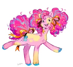 Size: 1308x1208 | Tagged: safe, artist:lutraviolet, pinkie pie, earth pony, pony, g4, alternate design, bow, chest fluff, coat markings, colored hooves, curly mane, curly tail, ear fluff, female, hair bow, mare, multicolored hair, open mouth, raised hoof, redesign, simple background, smiling, solo, splotches, tail, tail bow, tooth gap, unshorn fetlocks, white background