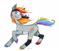 Size: 1247x1079 | Tagged: safe, artist:lutraviolet, rainbow dash, earth pony, pony, g4, alternate cutie mark, alternate design, bandage, coat markings, colored hooves, concave belly, earth pony rainbow dash, facial markings, female, headband, looking back, mare, multicolored hair, multicolored tail, pale belly, race swap, redesign, simple background, smiling, solo, stripe (coat marking), tail, tail wrap, torn ear, white background