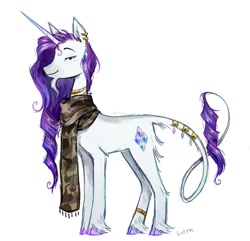 Size: 1337x1291 | Tagged: safe, artist:lutraviolet, rarity, pony, unicorn, g4, alternate design, beard, bearded female, bracelet, clothes, colored hooves, concave belly, ear piercing, earring, facial hair, female, jewelry, leonine tail, mare, necklace, piercing, redesign, scarf, simple background, smiling, solo, standing, tail, tail jewelry, unshorn fetlocks, white background