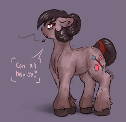 Size: 2401x2327 | Tagged: safe, artist:reddthebat, oc, oc only, oc:number nine, earth pony, pony, cigarette, dialogue, female, floppy ears, mare, purple background, simple background, smoking, solo, talking to viewer, unshorn fetlocks