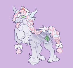 Size: 1400x1300 | Tagged: safe, artist:ghostunes, oc, oc only, oc:rain swan, earth pony, pony, adopted, bedroom eyes, bow, braid, braided tail, chest fluff, curly hair, curly mane, doctor, earth pony oc, eyepatch, floppy ears, fluffy, hair bow, hoof fluff, hoof on chest, looking at you, magical lesbian spawn, multicolored hair, multicolored mane, multicolored tail, nurse, offspring, parent:fluttershy, parent:rainbow dash, parents:flutterdash, paws, plant, pony oc, purple background, raised hoof, simple background, smiling, smiling at you, solo, sprout, tail, unshorn fetlocks