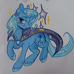 Size: 1080x1081 | Tagged: safe, artist:revksghost, trixie, pony, unicorn, g4, blushing, cape, chest fluff, clothes, ear fluff, ear piercing, earring, female, grin, jewelry, lidded eyes, mare, marker drawing, piercing, raised hoof, smiling, solo, sparkles, traditional art, trixie's cape, unshorn fetlocks