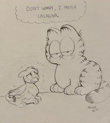 Size: 3109x3500 | Tagged: safe, artist:moozua, oc, oc:thumbtack, cat, griffon, dialogue, feline, garfield, griffon oc, harmonycon, harmonycon 2024, looking at you, micro, scared, shivering, sketch, thought bubble, traditional art, trembling