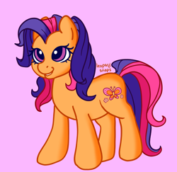 Size: 1924x1871 | Tagged: safe, artist:leopardsnaps, scootaloo (g3), earth pony, pony, g3, female, looking up, mare, pink background, simple background, smiling, solo, standing