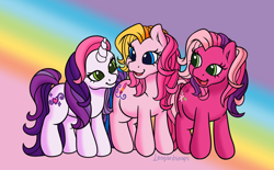 Size: 2900x1800 | Tagged: safe, artist:leopardsnaps, cheerilee (g3), sweetie belle (g3), toola-roola, earth pony, pony, unicorn, g3, looking at each other, looking at someone, open mouth, rainbow, rainbow background, smiling, trio