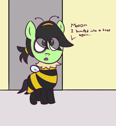 Size: 650x700 | Tagged: safe, artist:wanda, oc, oc only, oc:filly anon, animal costume, bee costume, black eye, clothes, costume, dialogue, female, filly, foal, solo