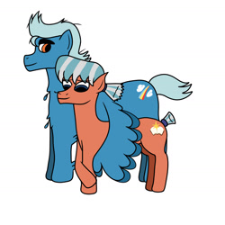 Size: 1640x1640 | Tagged: safe, artist:dexterousdecarius, oc, oc only, oc:bright star, oc:cloud buster, earth pony, pegasus, earth pony oc, feather, feathered fetlocks, gay, hug, male, messy mane, offspring, offspring shipping, parent:flash sentry, parent:rainbow dash, parent:thunderlane, parent:twilight sparkle, parents:flashlight, parents:thunderdash, pegasus oc, simple background, thick eyebrows, white background, winghug, wings