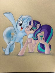 Size: 1536x2048 | Tagged: safe, artist:novadoesarts, starlight glimmer, trixie, pony, unicorn, g4, cheek to cheek, duo, duo female, female, grin, hug, mare, one eye closed, open mouth, open smile, smiling, traditional art, underhoof